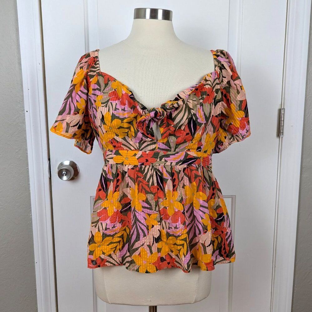 LOFT Floral Short Sleeve Peplum Top in Yellow, Pink, Red, Green